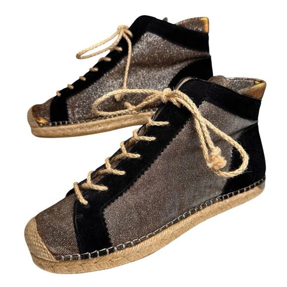 Stuart Weitzman Espadrille Black Glitter High Top Lace Up Sneaker Boho Designer - Picture 12 of 16